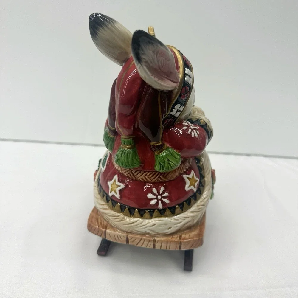 Fitz and Floyd Christmas Lodge Rabbit On A Sleigh With Tree Cookie jar W / Box‎